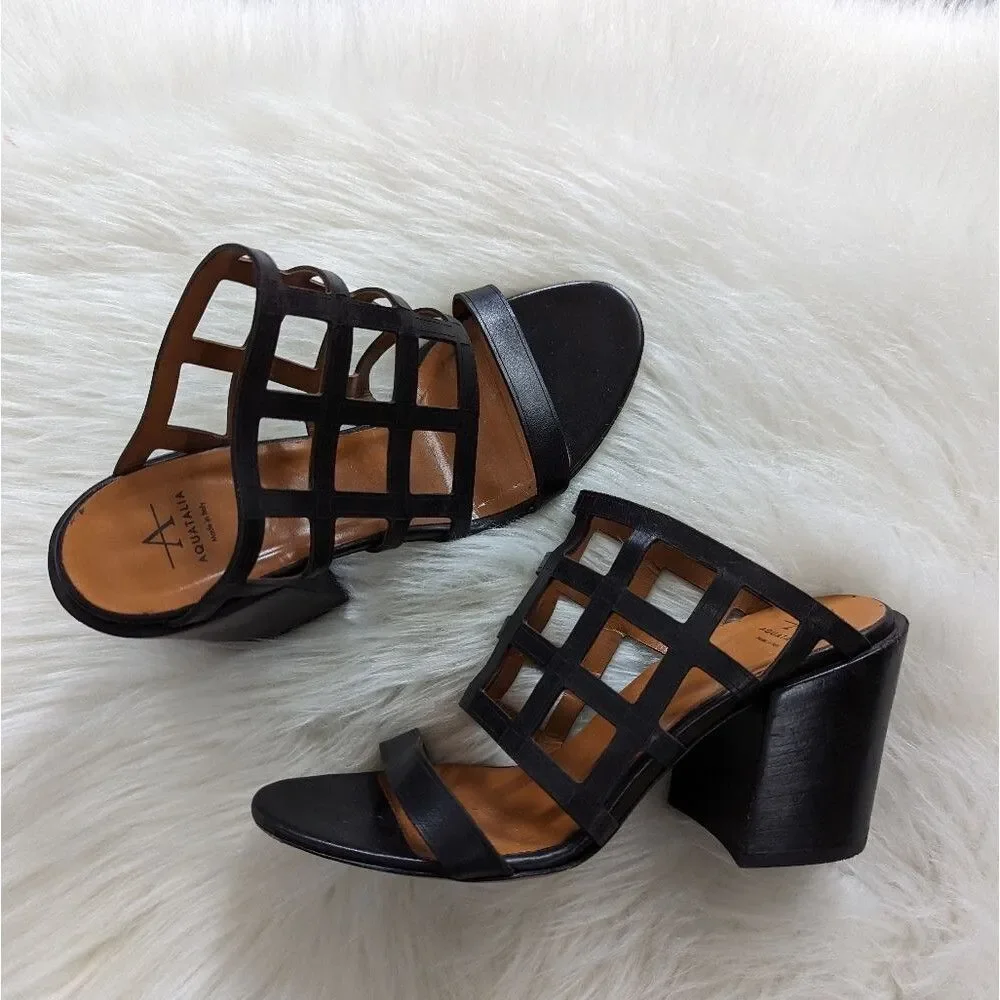 Aquatalia Black Leather Grid Slip On Heels 7.5